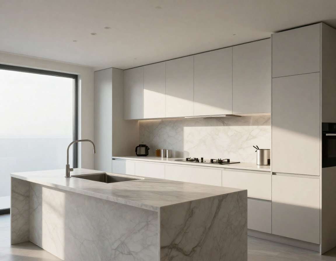 A modern minimalist kitchen with marble countertops, morning light, professional architectural photography