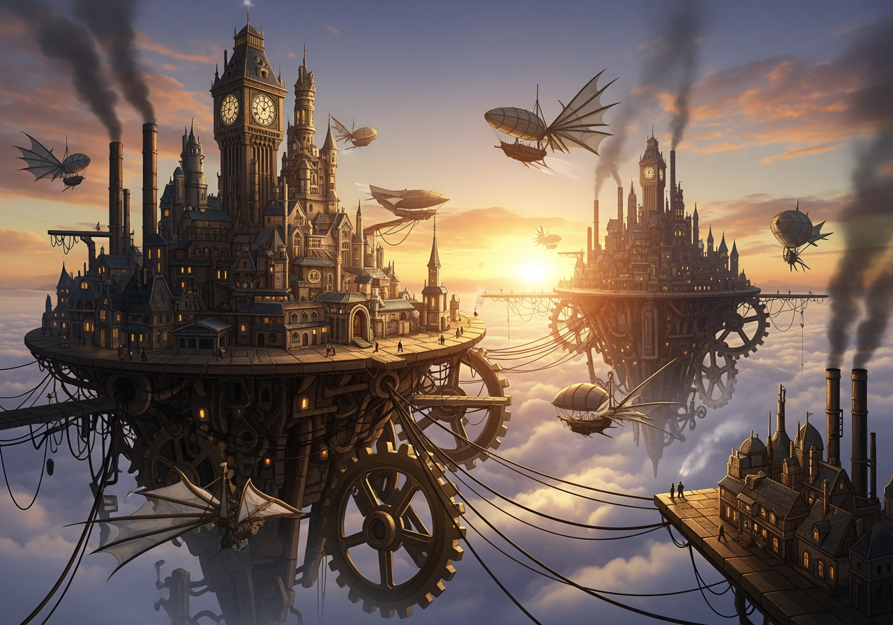 A steampunk clockwork city floating in the clouds, intricate mechanical details, concept art