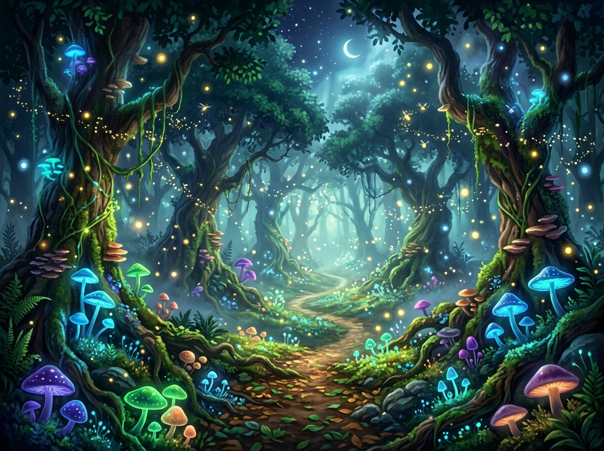 An enchanted forest with bioluminescent mushrooms and floating fireflies, ethereal atmosphere, digital art