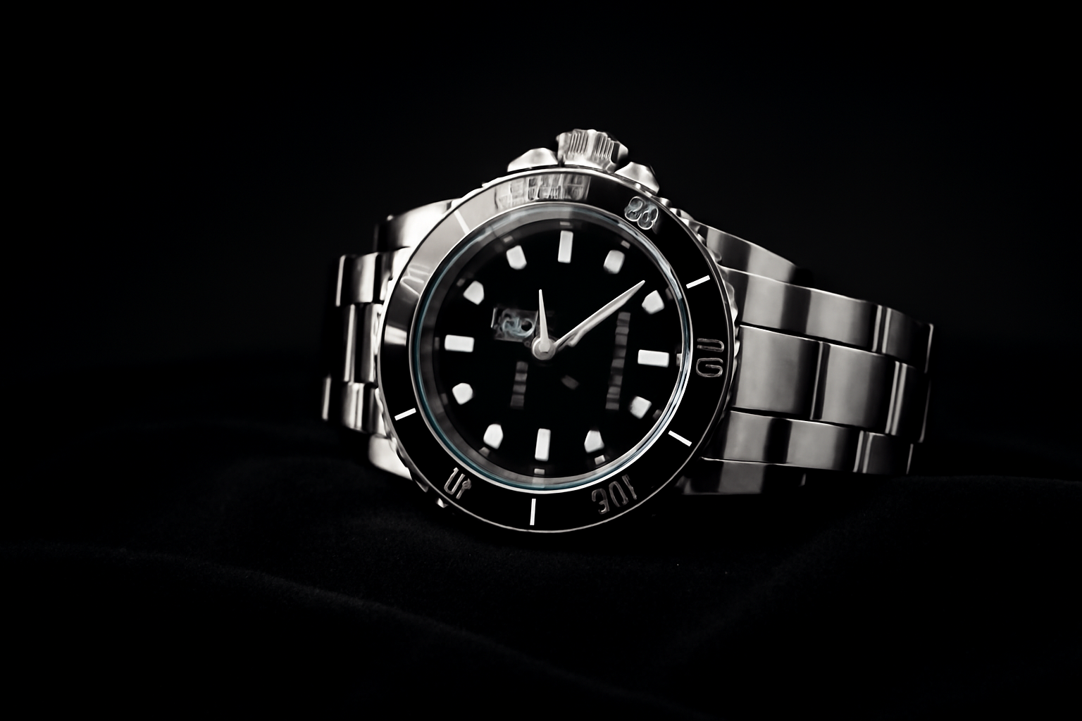 A luxury watch on black velvet with dramatic studio lighting, commercial product photography