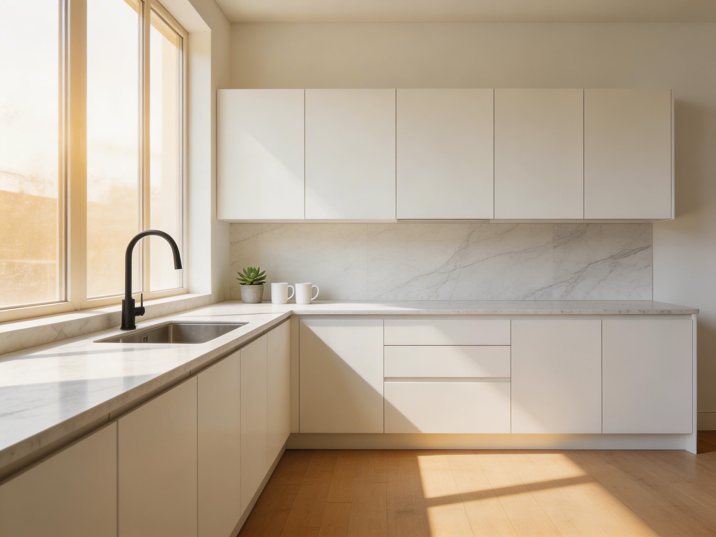 A modern minimalist kitchen with marble countertops, morning light, professional architectural photography