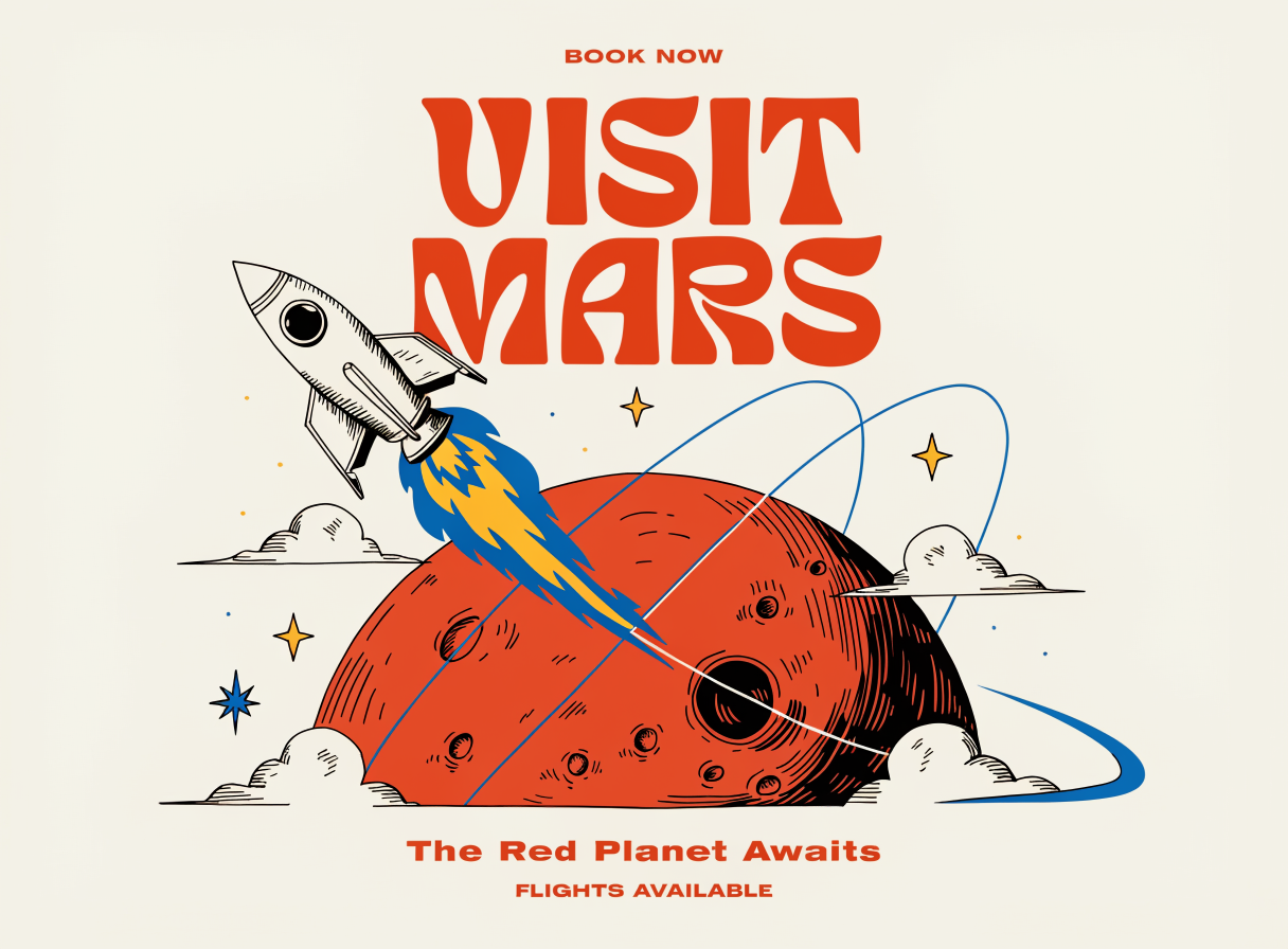 A vintage travel poster for 'Visit Mars' with retro 1960s space age aesthetic, bold typography