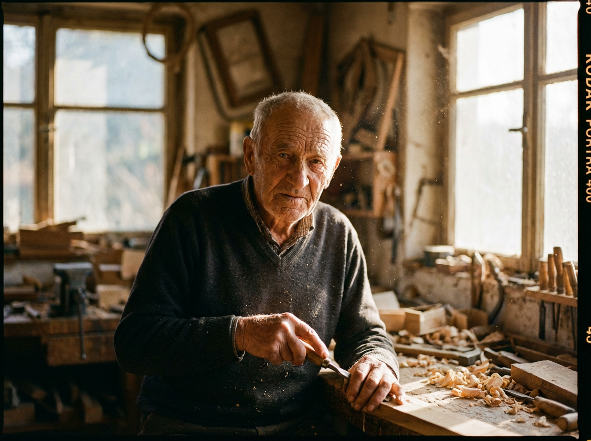 A close-up portrait of an elderly craftsman in his workshop, warm afternoon light through dusty windows, shallow depth of field