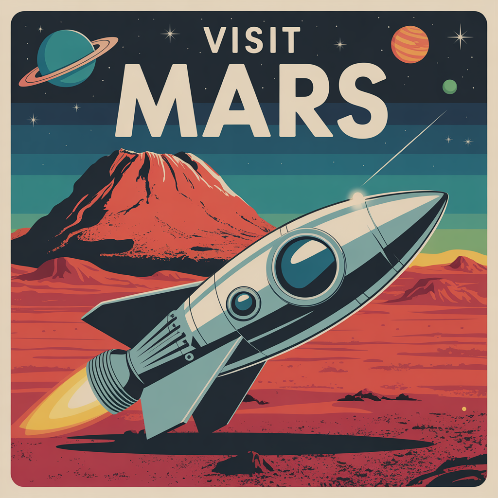 A vintage travel poster for 'Visit Mars' with retro 1960s space age aesthetic, bold typography