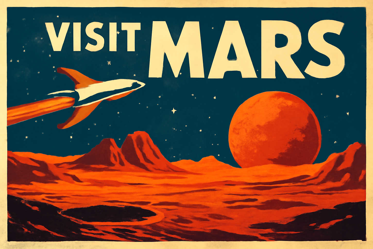 A vintage travel poster for 'Visit Mars' with retro 1960s space age aesthetic, bold typography