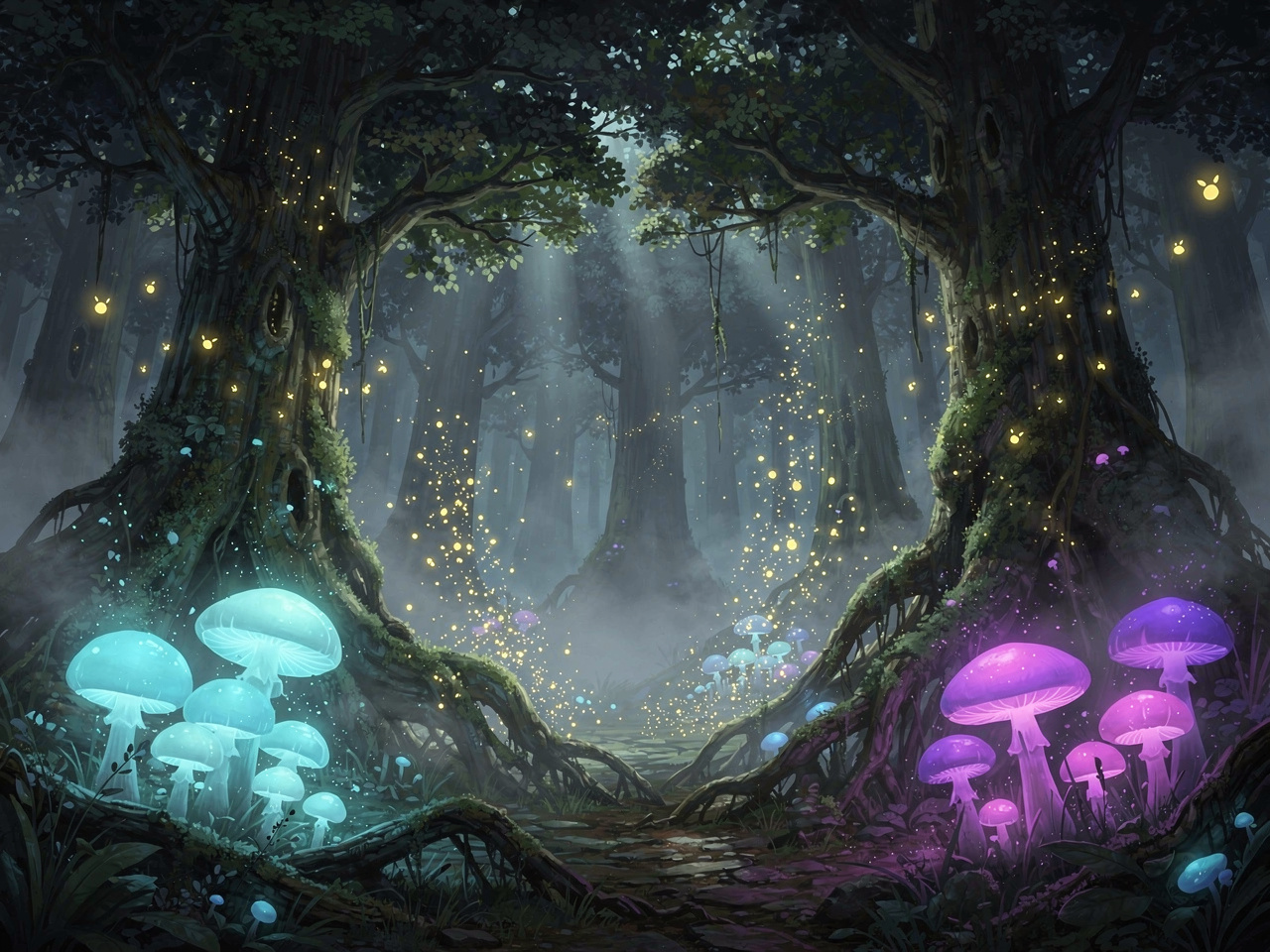 An enchanted forest with bioluminescent mushrooms and floating fireflies, ethereal atmosphere, digital art