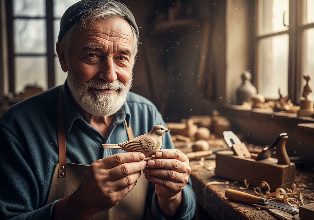 A close-up portrait of an elderly craftsman in his workshop, warm afternoon light through dusty windows, shallow depth of field