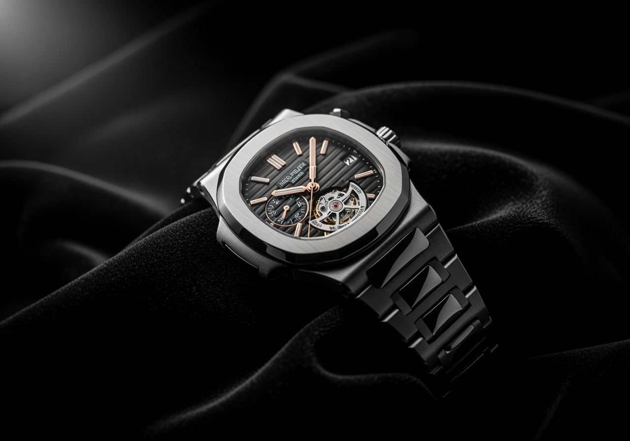 A luxury watch on black velvet with dramatic studio lighting, commercial product photography