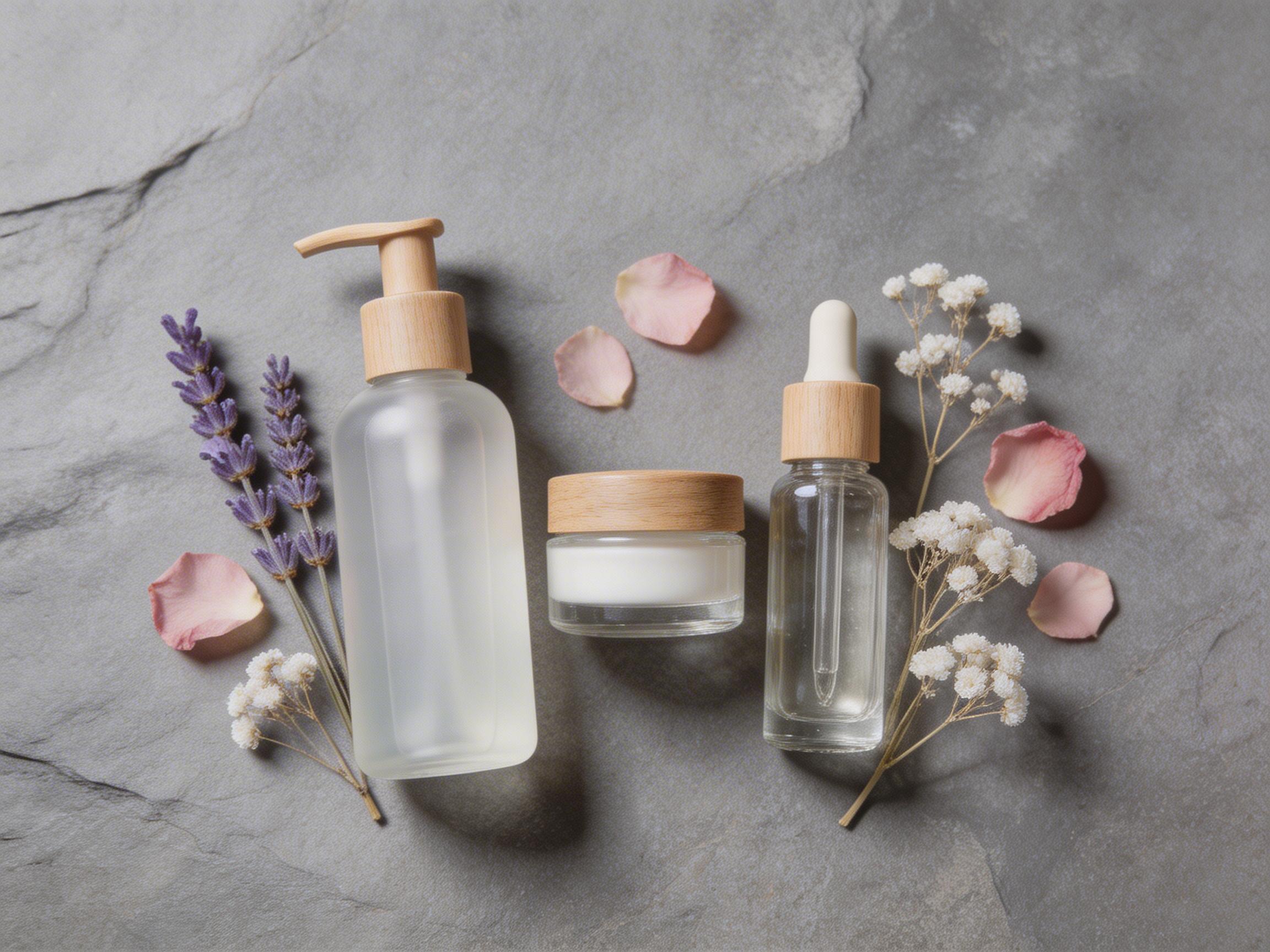 Professional flat lay product photography of artisanal skincare bottles on a stone surface with dried flowers