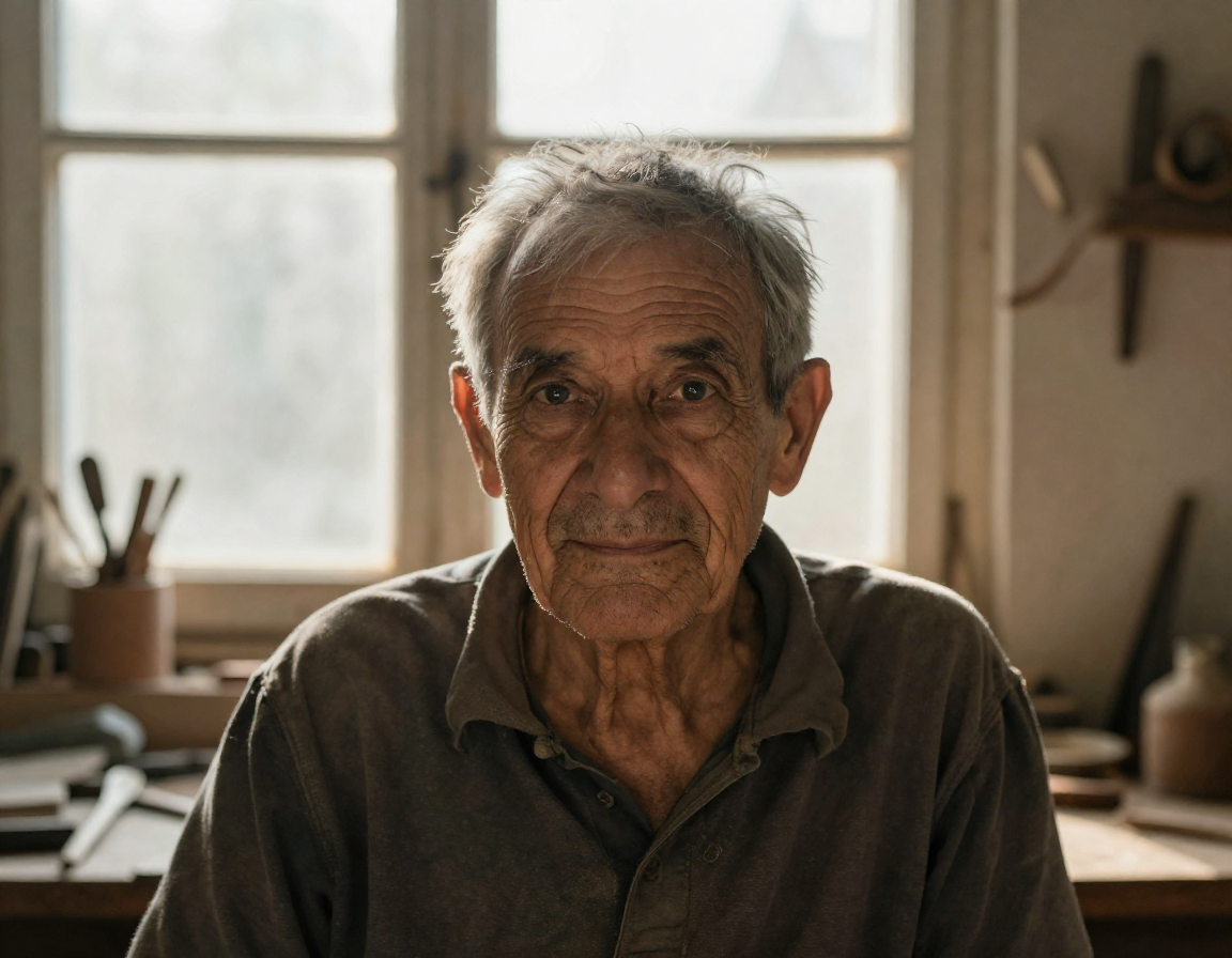 A close-up portrait of an elderly craftsman in his workshop, warm afternoon light through dusty windows, shallow depth of field