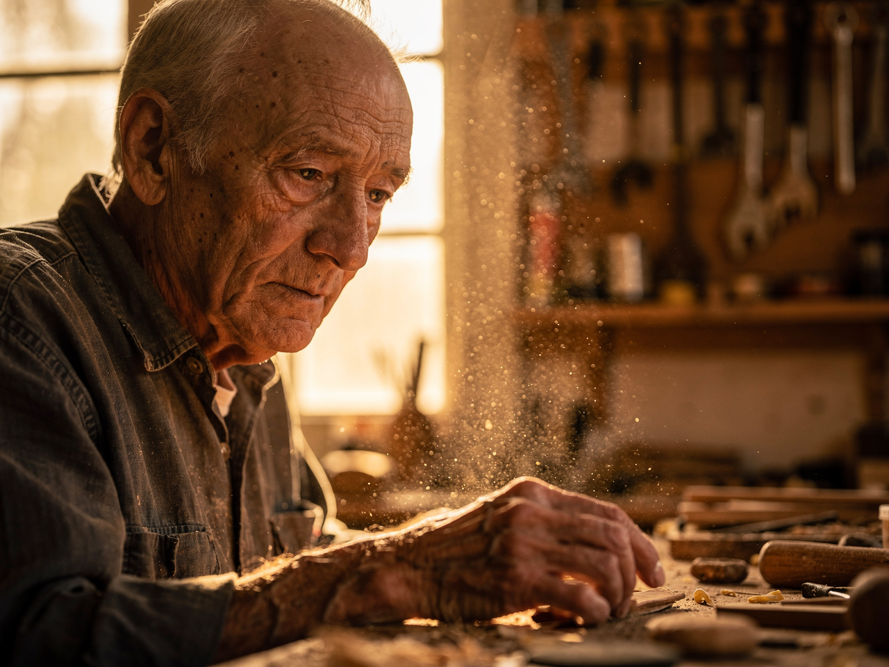A close-up portrait of an elderly craftsman in his workshop, warm afternoon light through dusty windows, shallow depth of field