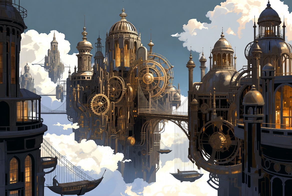 A steampunk clockwork city floating in the clouds, intricate mechanical details, concept art